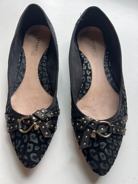 Sperry Women's Black Leopard-Print Pointed Toe Studded Ballet Flats